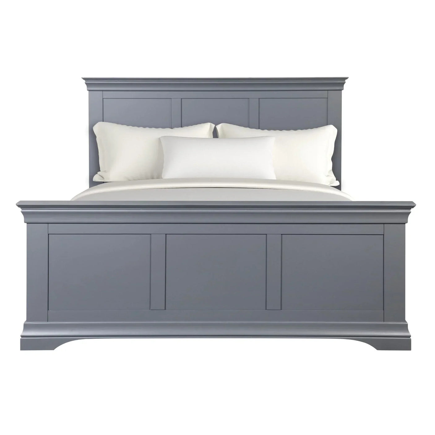 Grey wooden bed frame with panel detailing and white bedding, front facing view