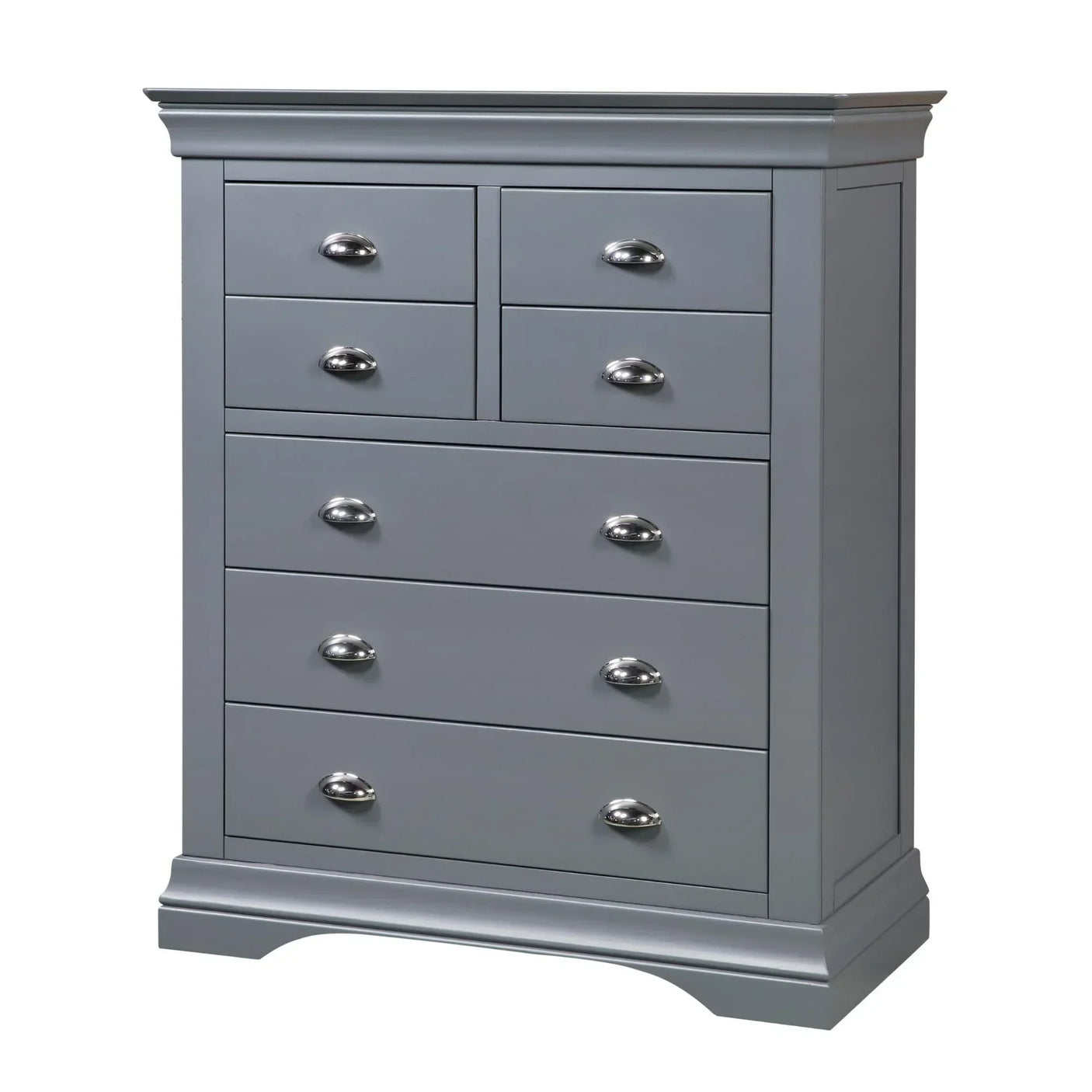 Grey chest of drawers with six large and two small drawers, chrome cup handles