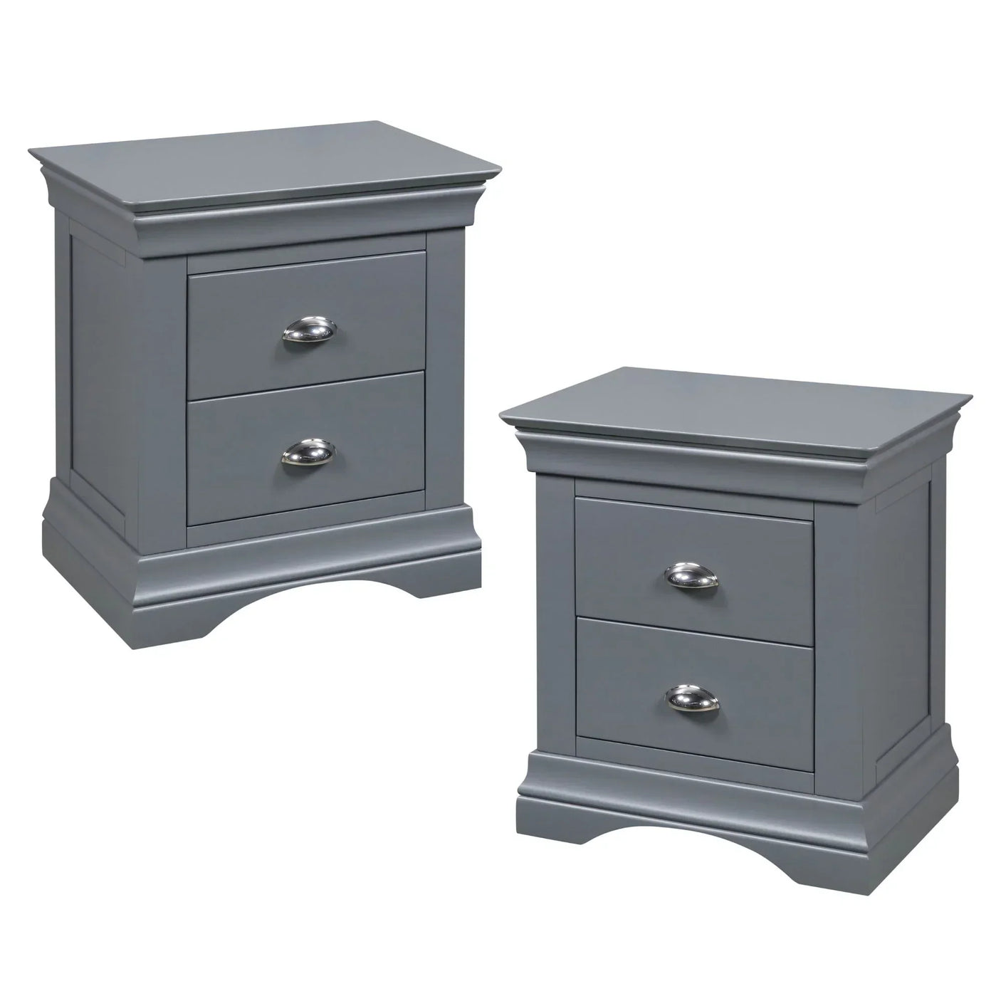 Grey bedside tables with two drawers and silver handles, classic bedroom furniture set
