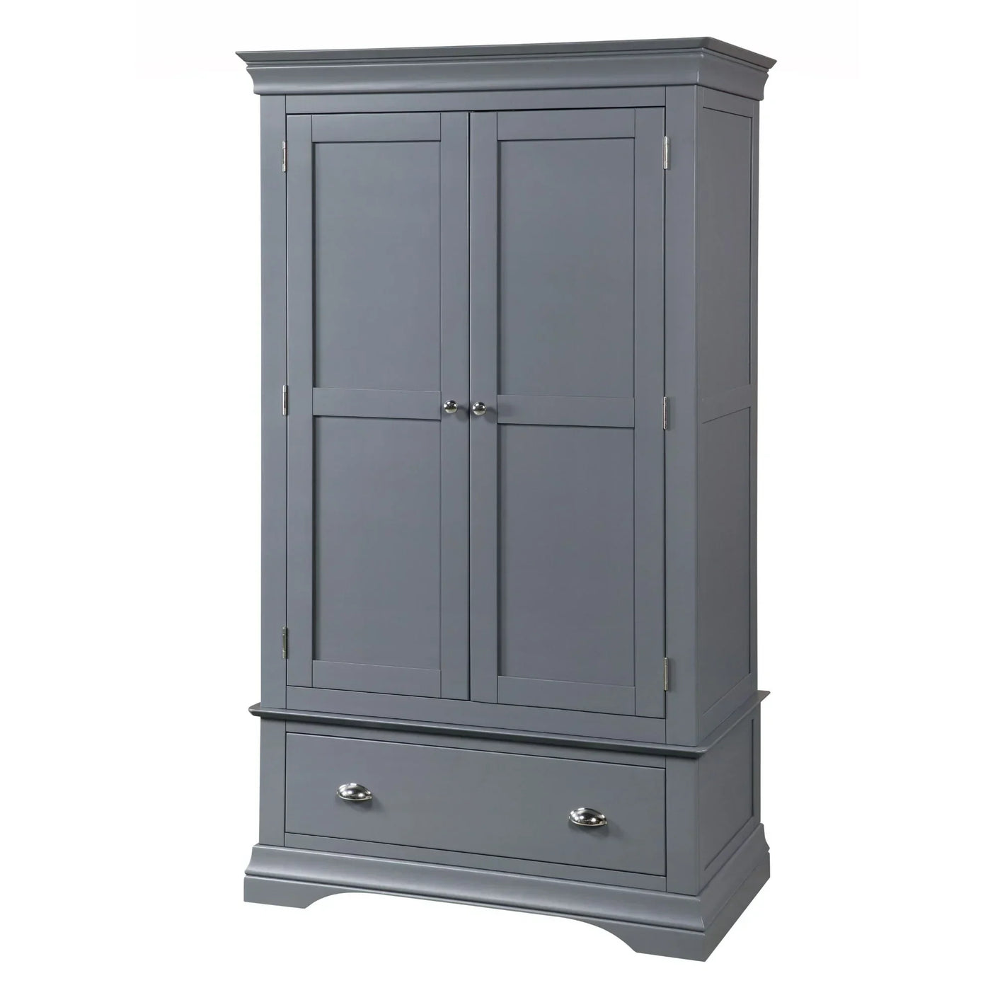 Grey wooden wardrobe with double doors and single lower drawer, silver handles, front view