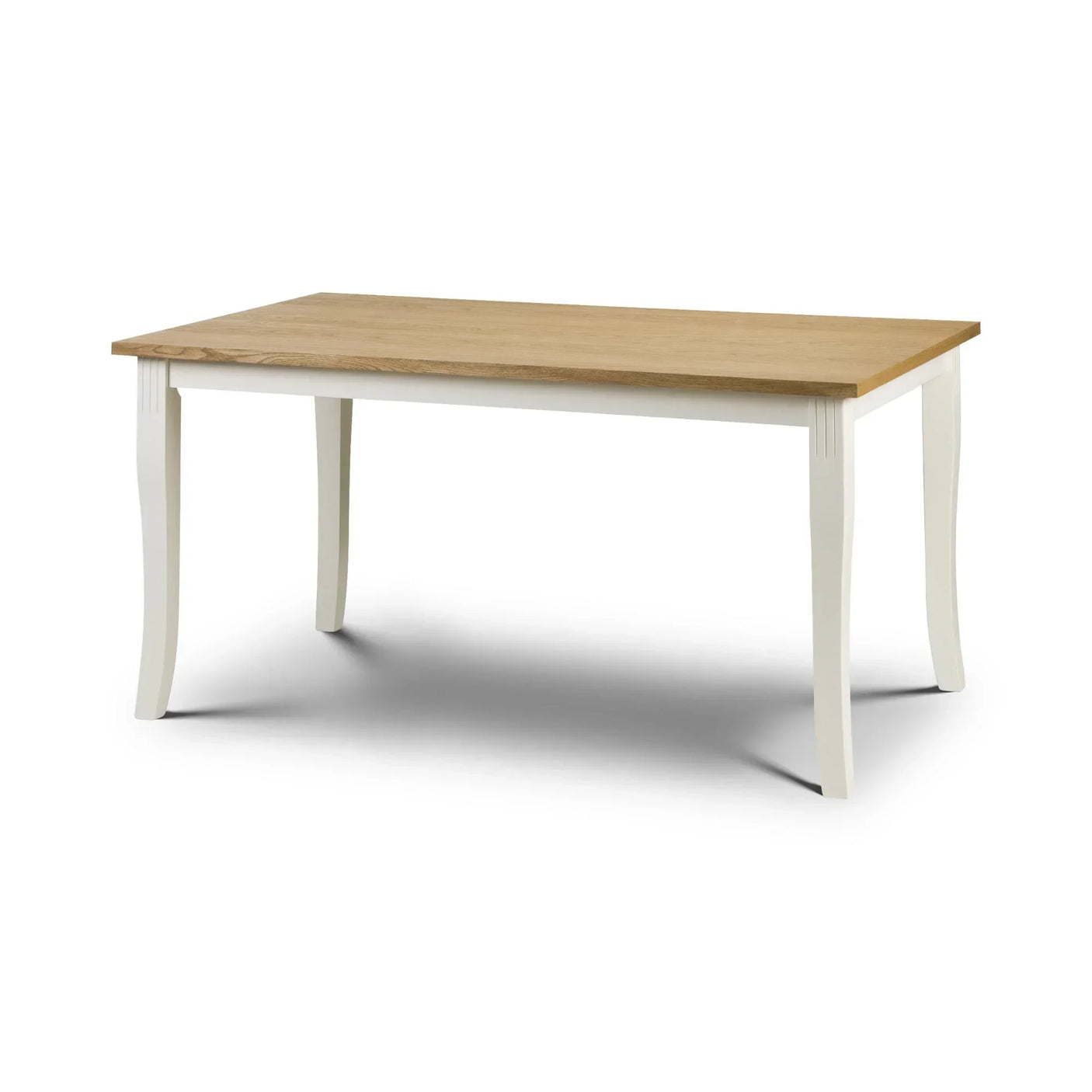 Oak and white dining table with rectangular wooden top and curved white legs on white background