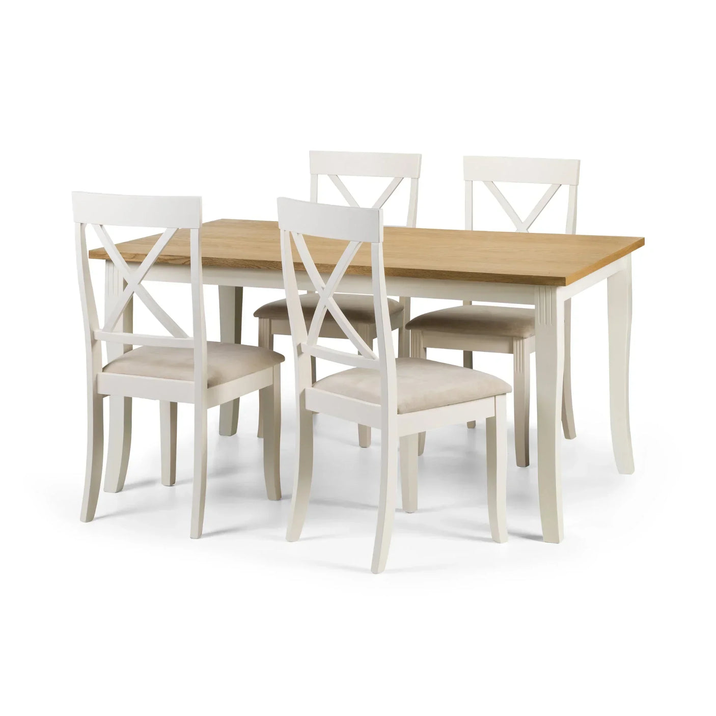 Oak and white dining table set with four cross-back chairs on white background