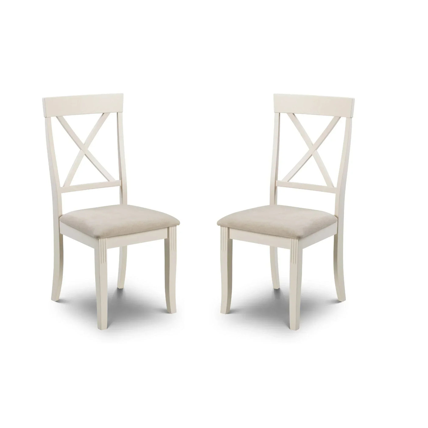 Pair of cream dining chairs with cross back and cushioned seat on white background