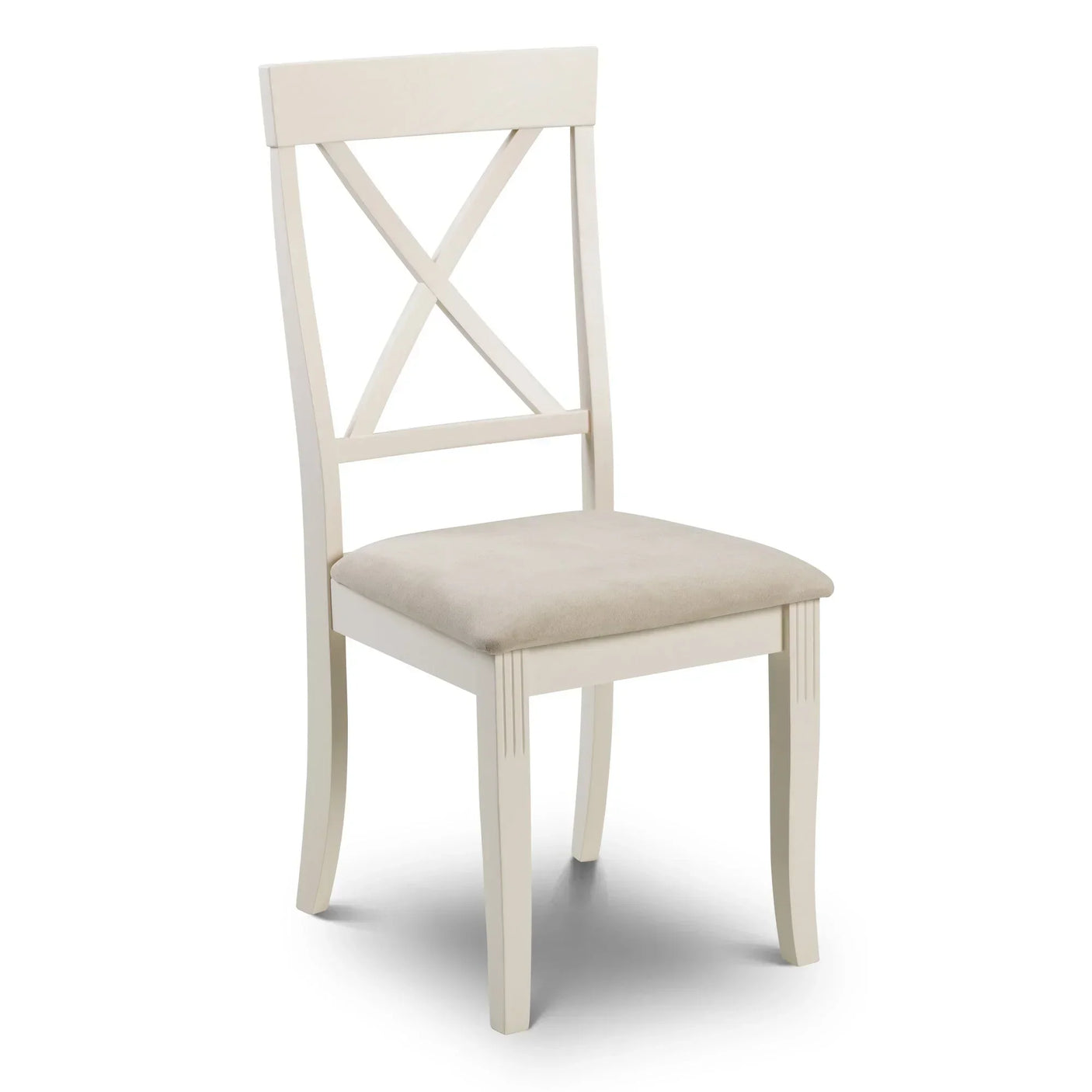 Cream wooden dining chair with cross backrest and upholstered beige seat