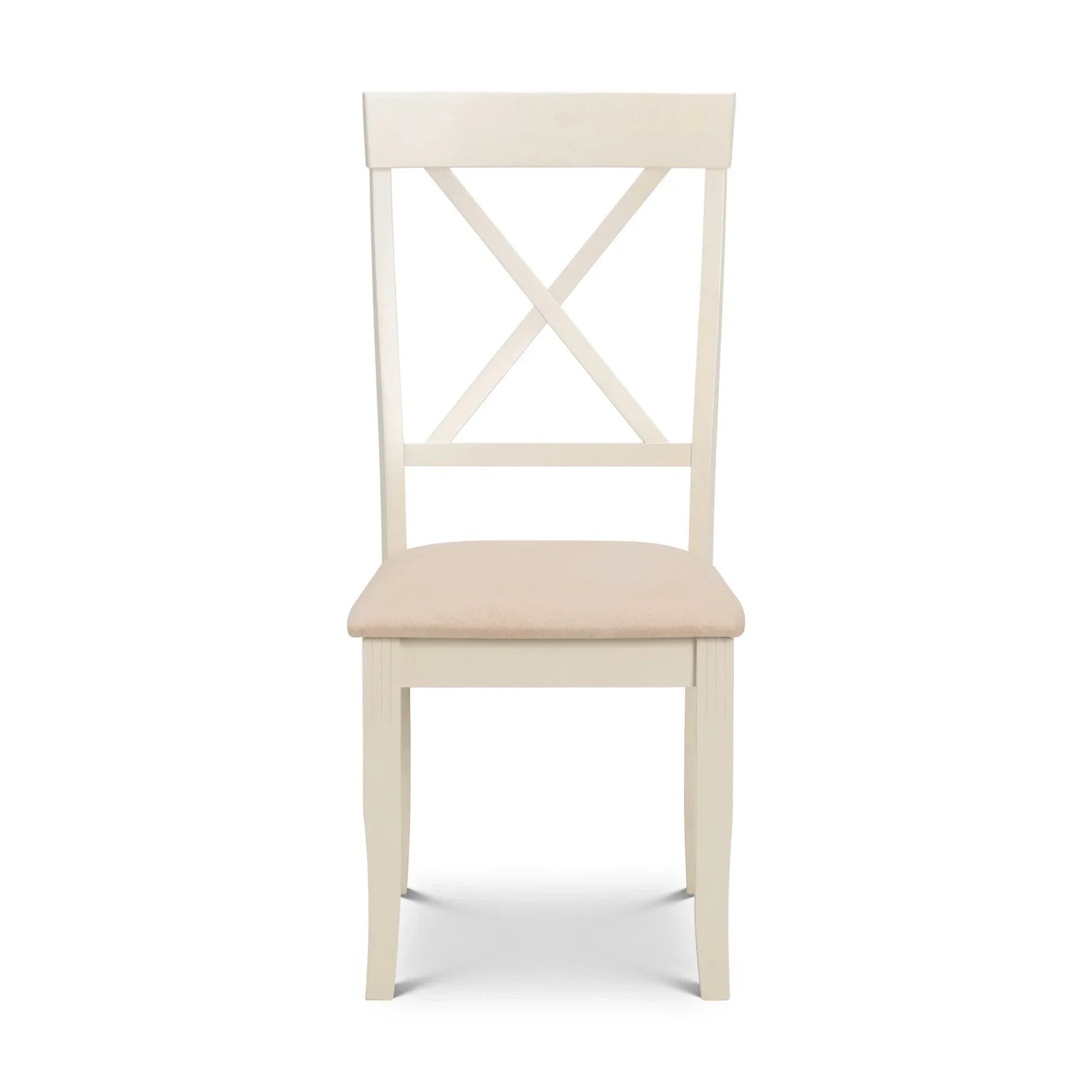Cream wooden dining chair with cross back and beige upholstered seat, front view