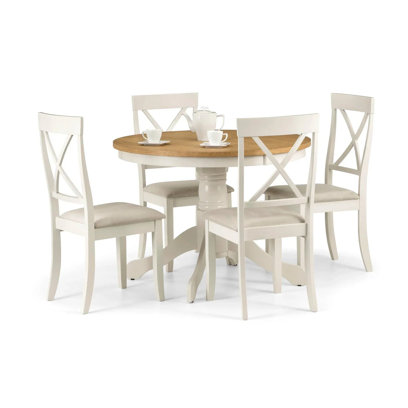 Round pedestal dining table with four cream chairs and wood top, set for tea