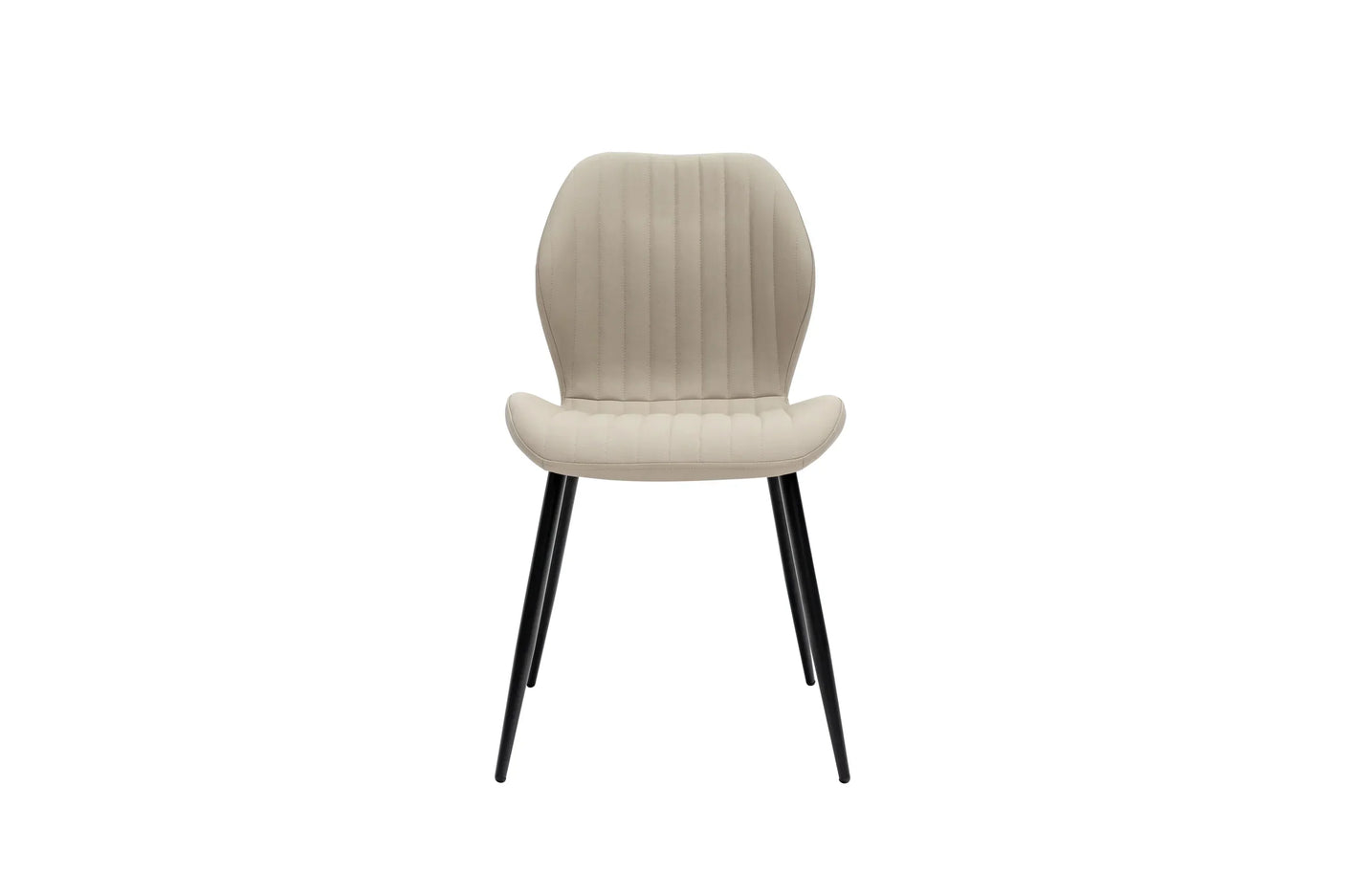 Beige upholstered dining chair with vertical stitching and black metal legs, front view