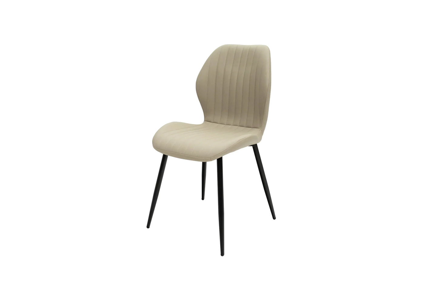 Beige upholstered dining chair with black metal legs and vertical stitched detailing