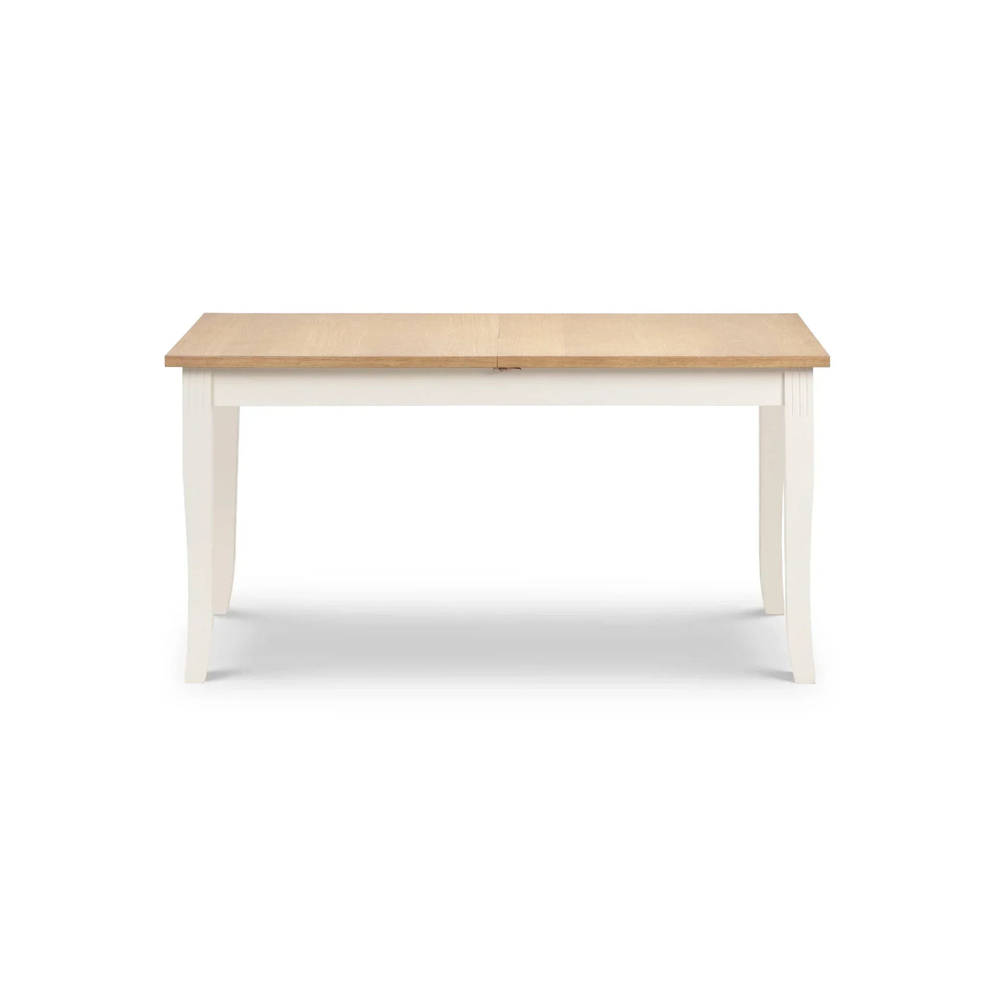 Rectangular extending dining table with oak top and white legs front view