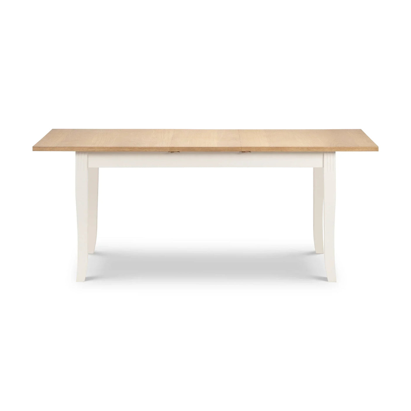Oak extending dining table with white legs, shown front-on against white background