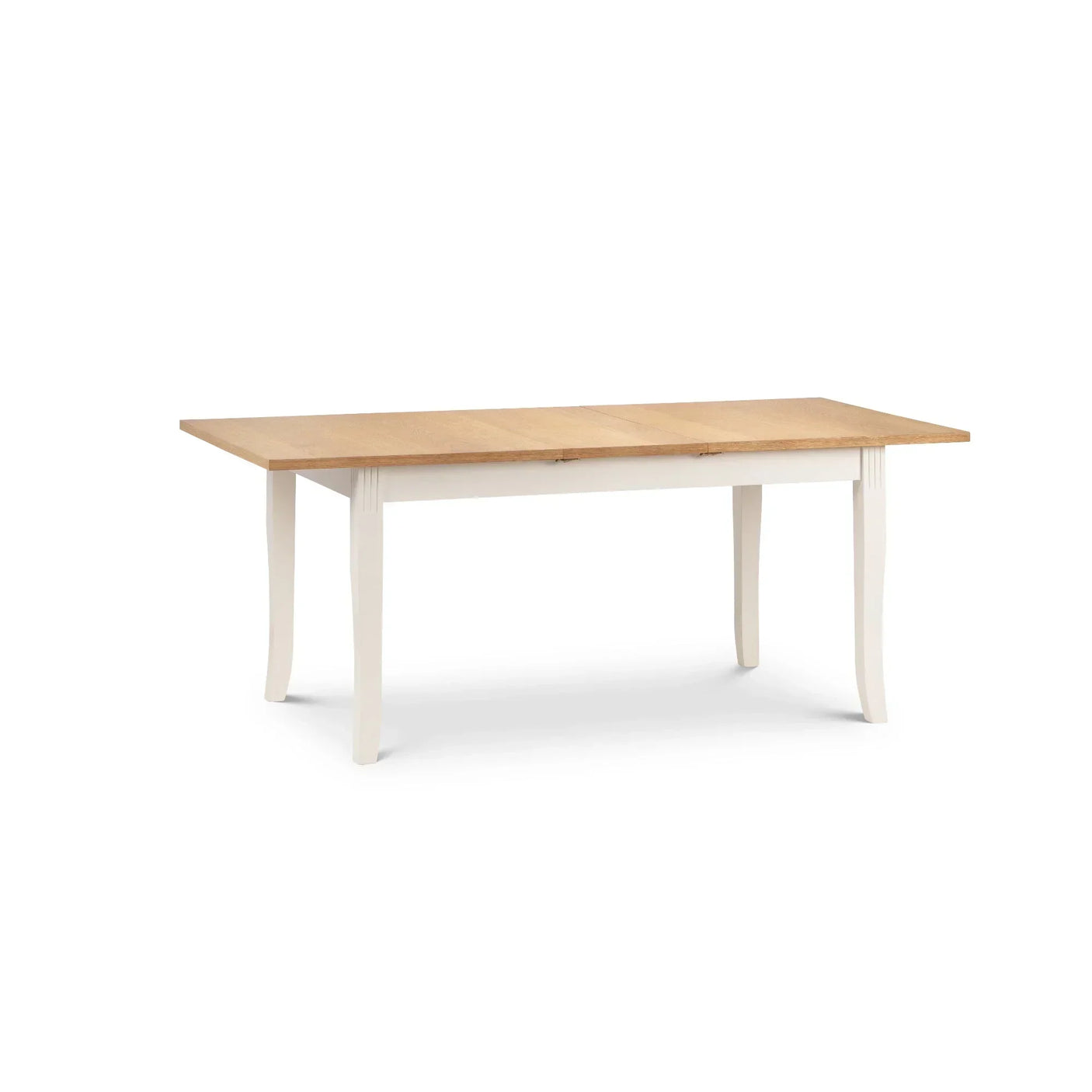 Extending dining table with light oak top and white legs on white background