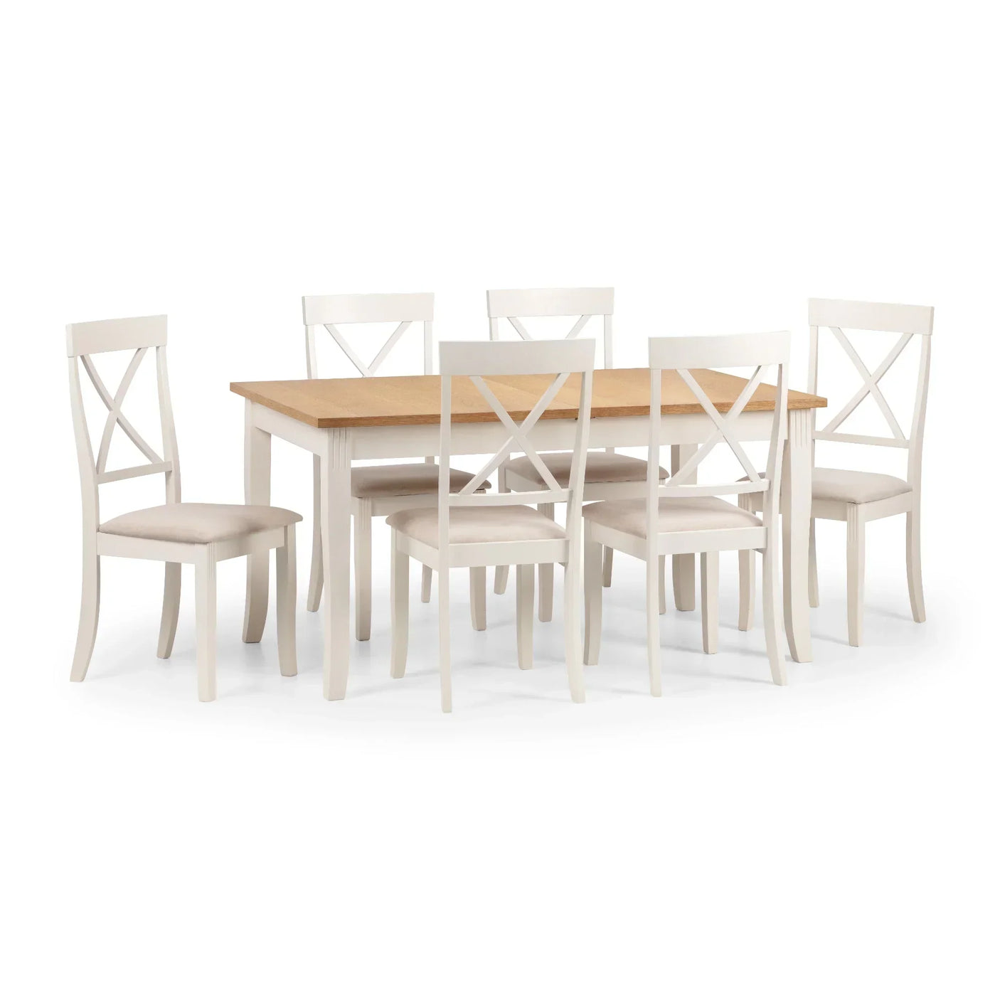 Extending dining table with oak top and six white cross-back chairs on white background