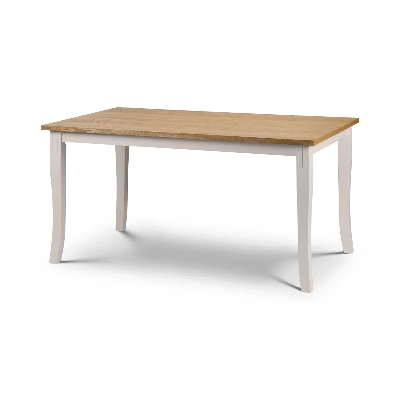 Oak and grey dining table with wooden top and curved legs on white background