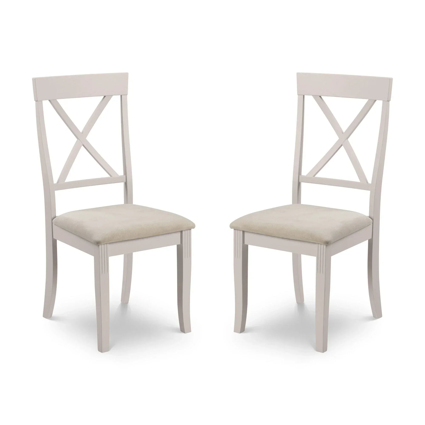 Pair of grey wooden dining chairs with X-back design and upholstered seats