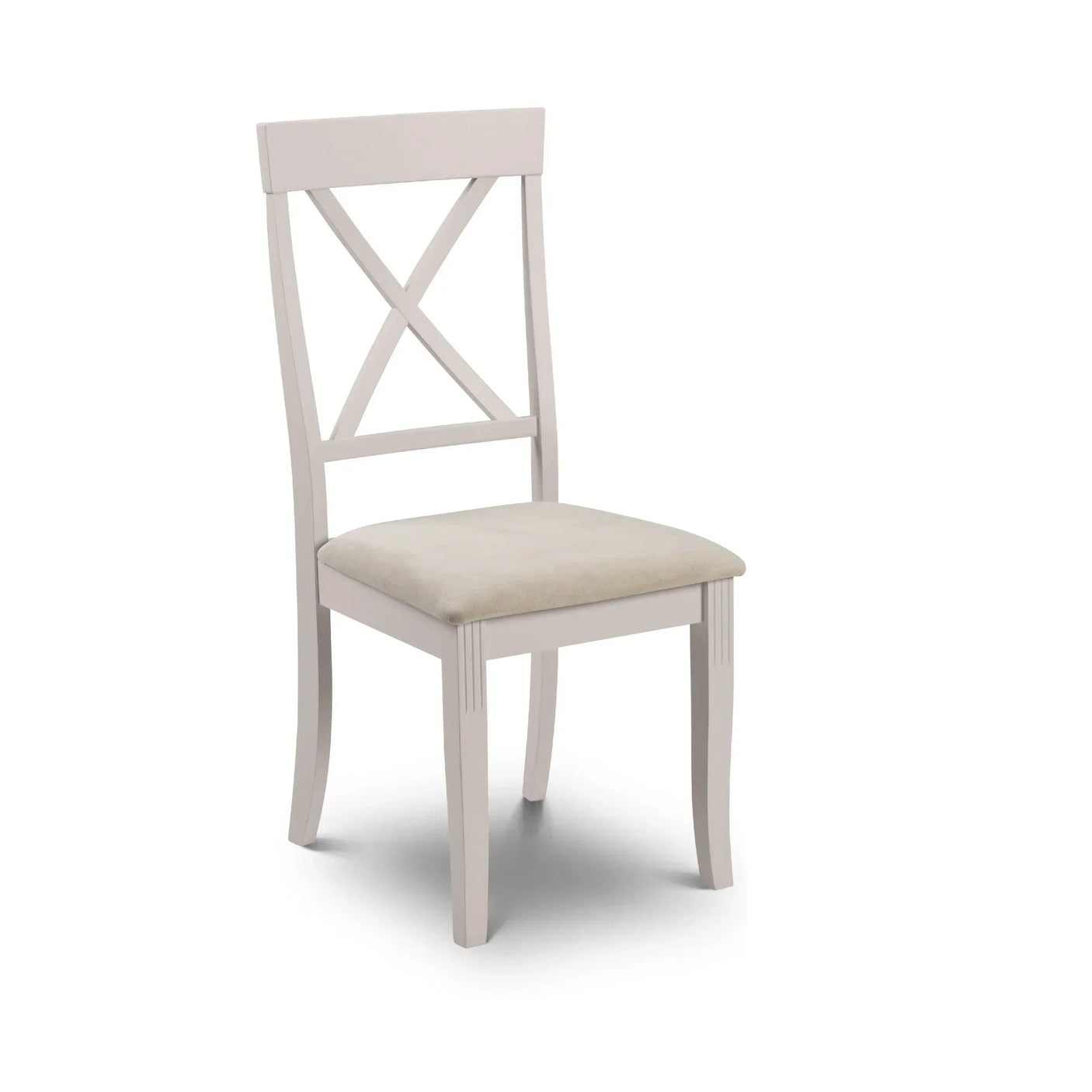 White wooden dining chair with cross back and cushioned seat