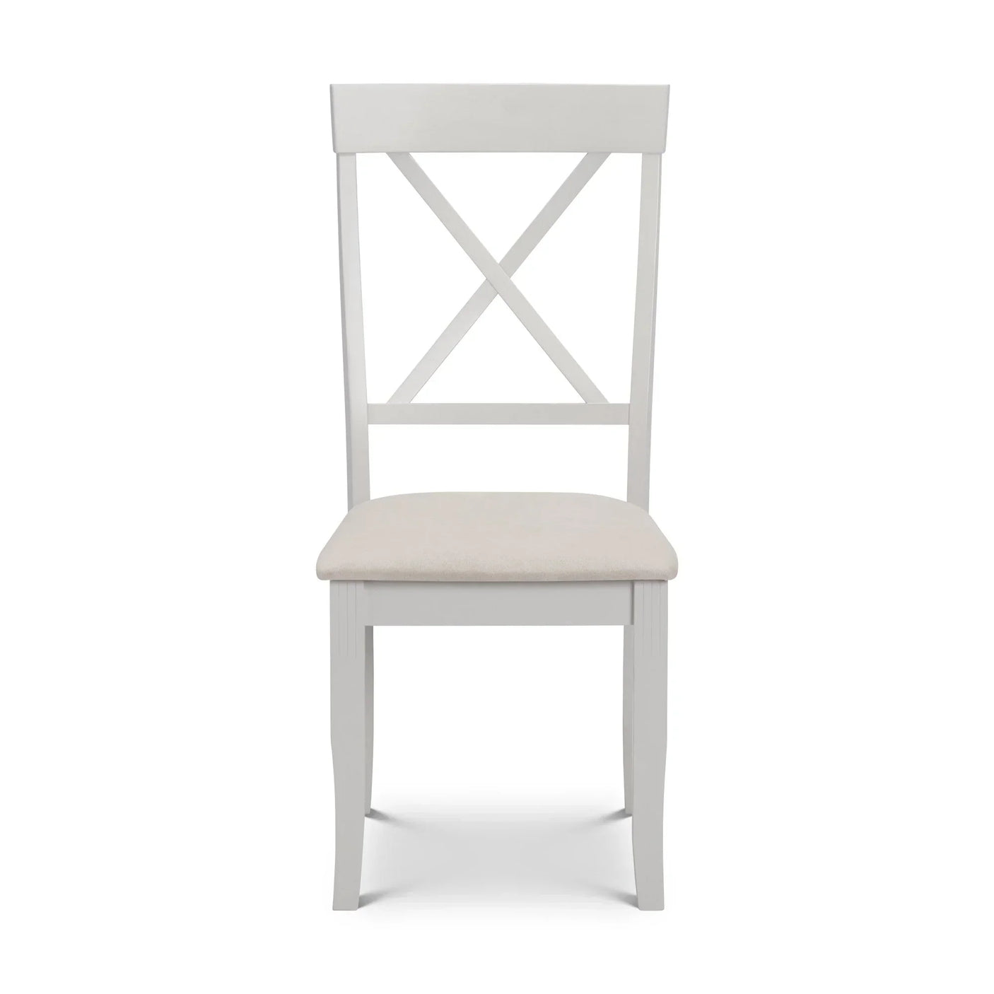 White wooden dining chair with cross backrest and beige cushioned seat, front view