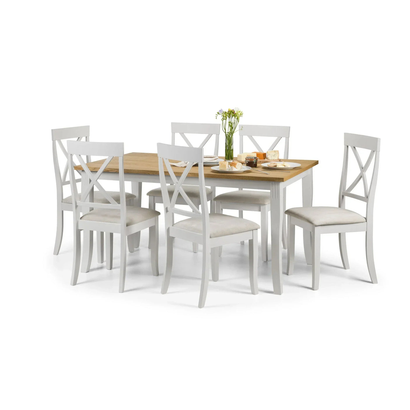 Six seater dining table set with light wood top, white frame and cushioned chairs