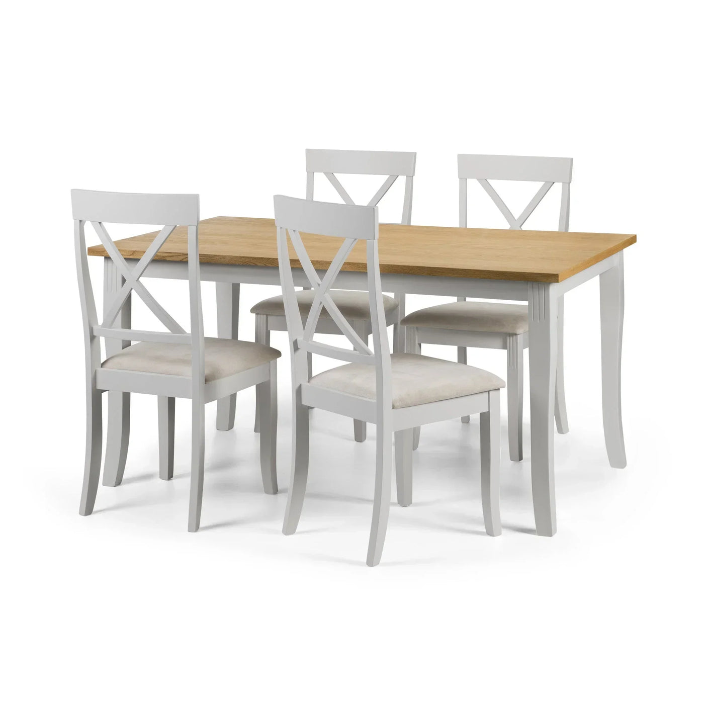 Wood dining table with four white cross-back chairs and fabric seats