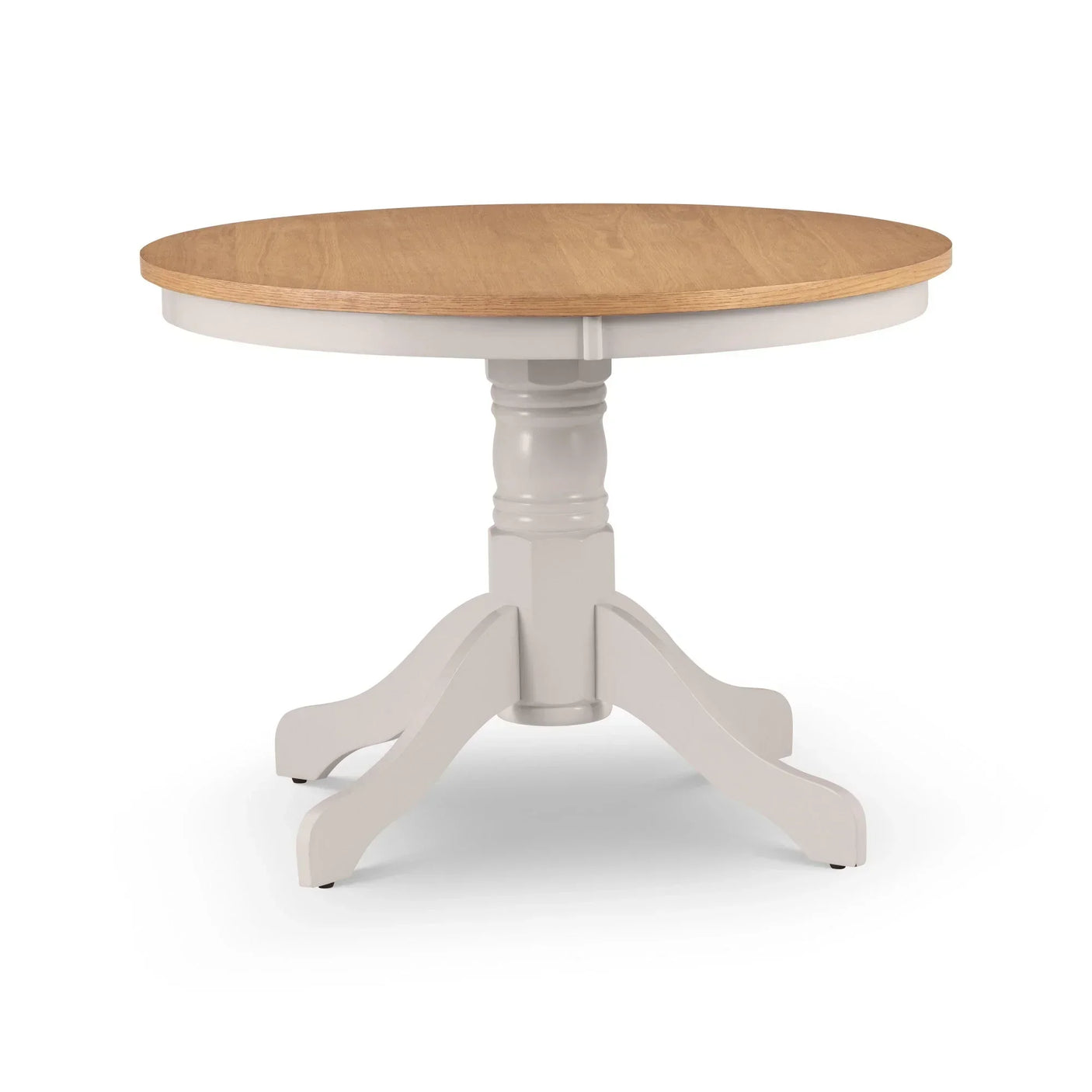 Round wooden dining table with oak top and painted pedestal base on white background