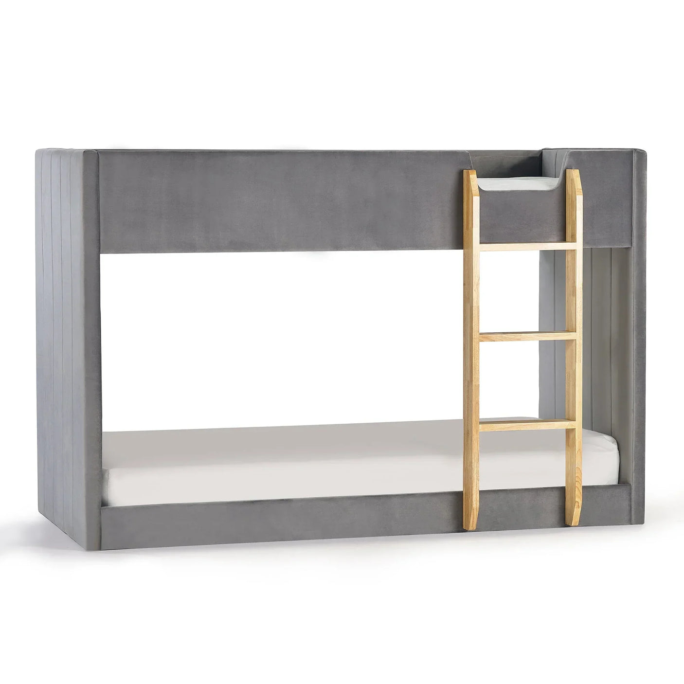 Grey fabric bunk bed with wooden ladder and white mattresses, front view