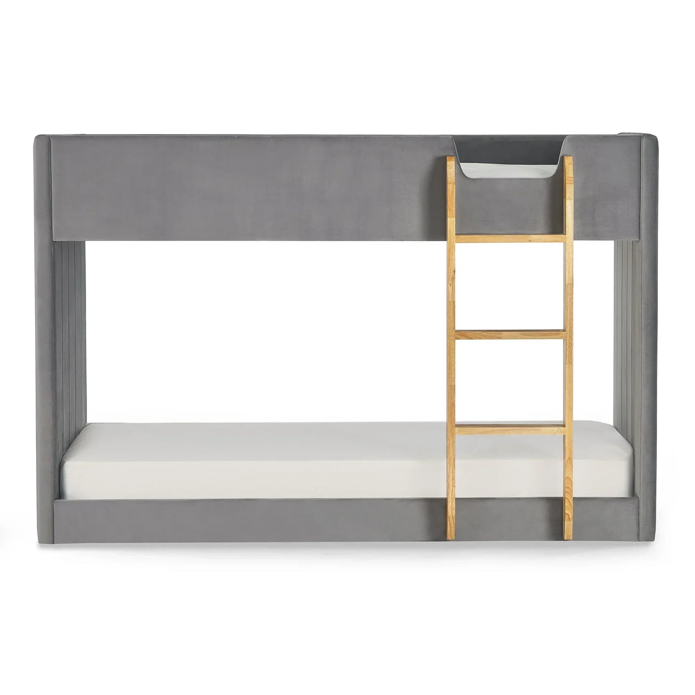 Grey fabric bunk bed with wooden ladder and white mattresses, front angle view