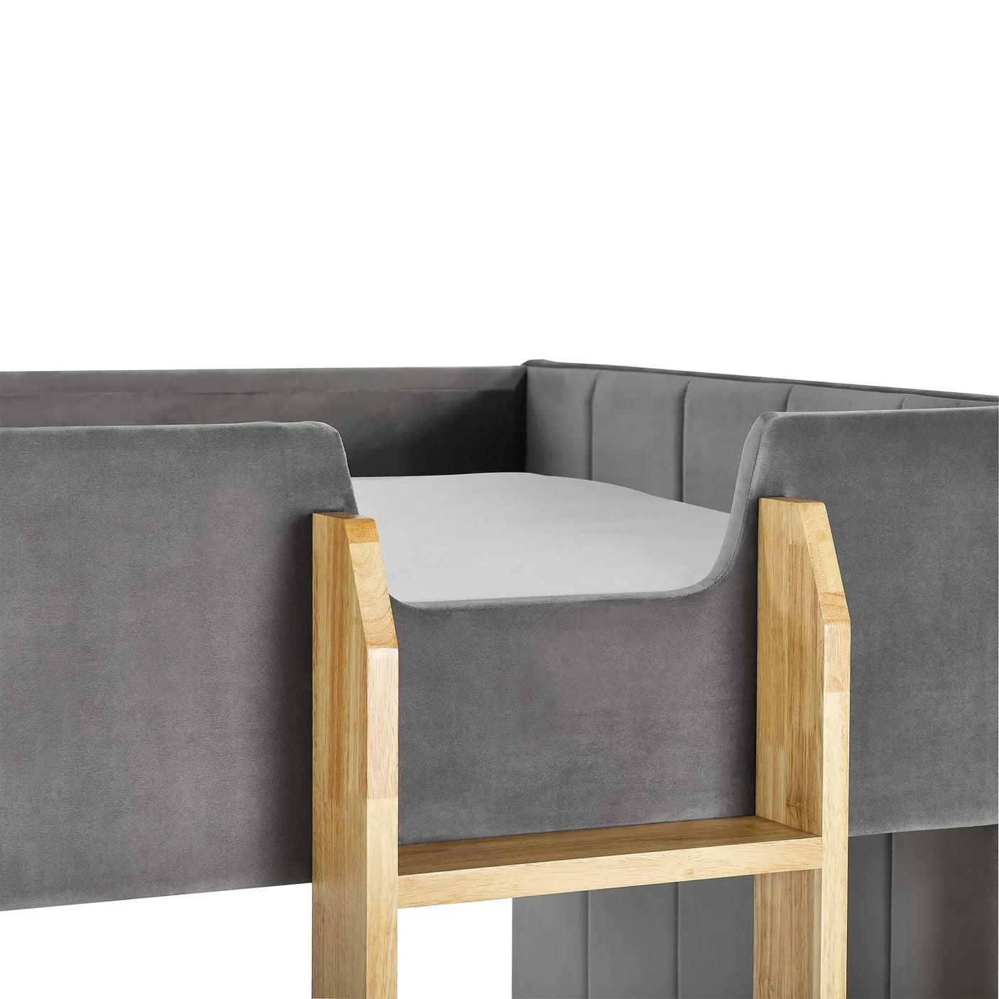 Daytona grey fabric bunk bed close-up with wooden ladder and side panels