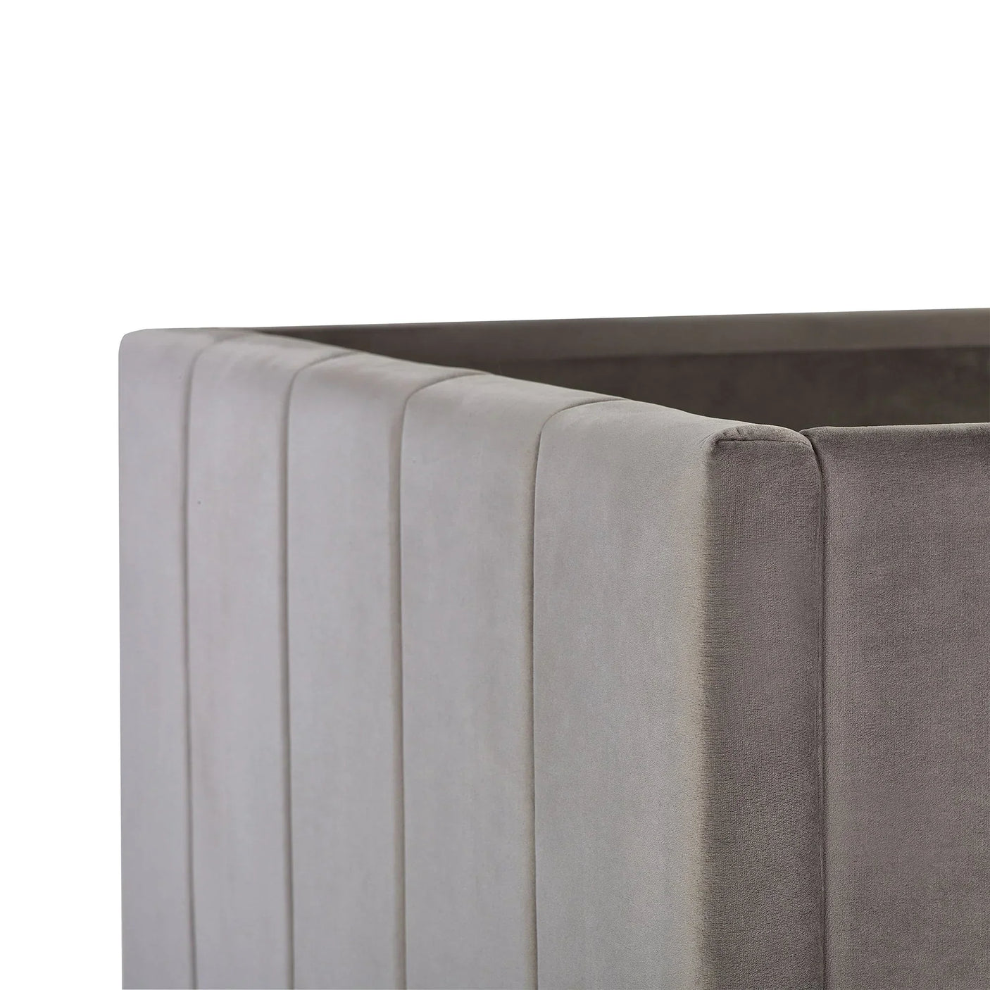 Close-up of grey fabric bunk bed headboard with vertical stitched panels