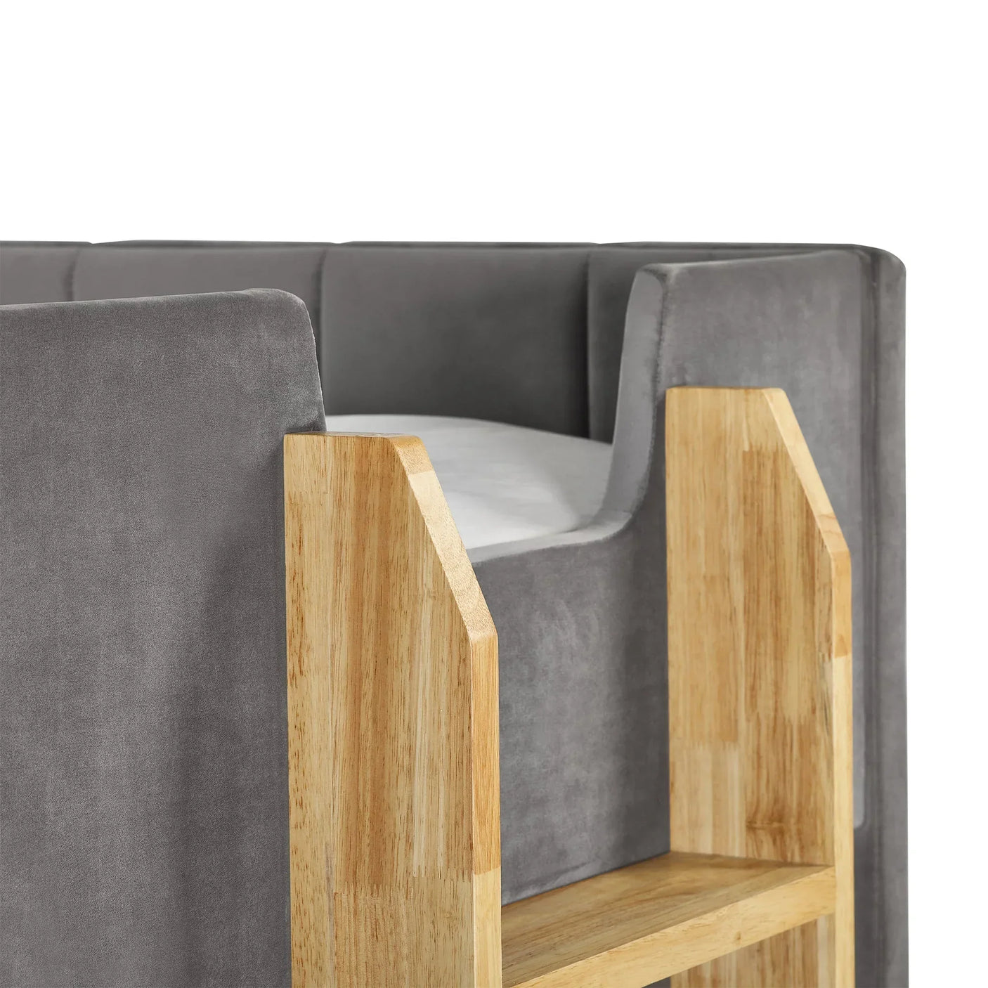 Daytona fabric bunk bed corner with grey upholstery and natural wood ladder detail