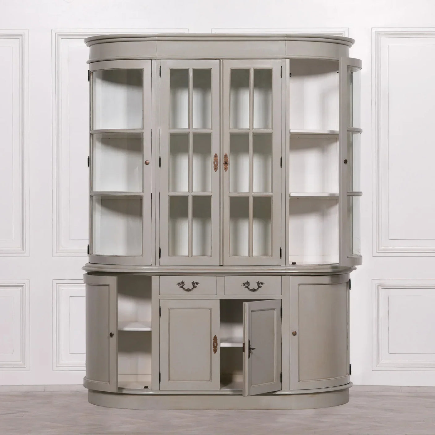 Grey display dresser cabinet with glass doors, open shelving, and lower storage drawers