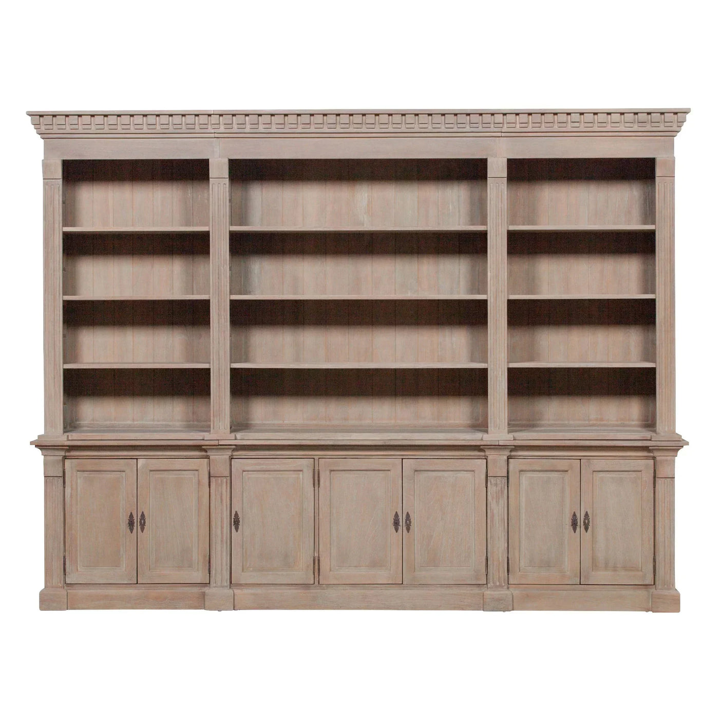 Large wooden bookcase with open shelves and closed cabinets in light oak finish