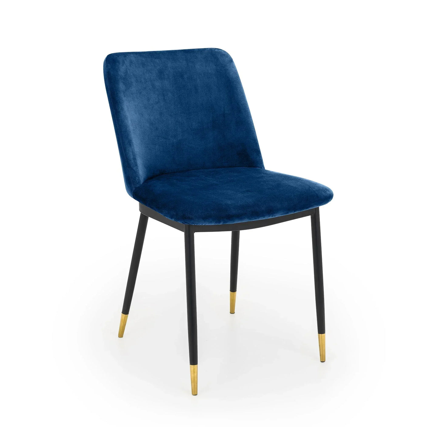 Blue velvet dining chair with black legs and gold tips on white background