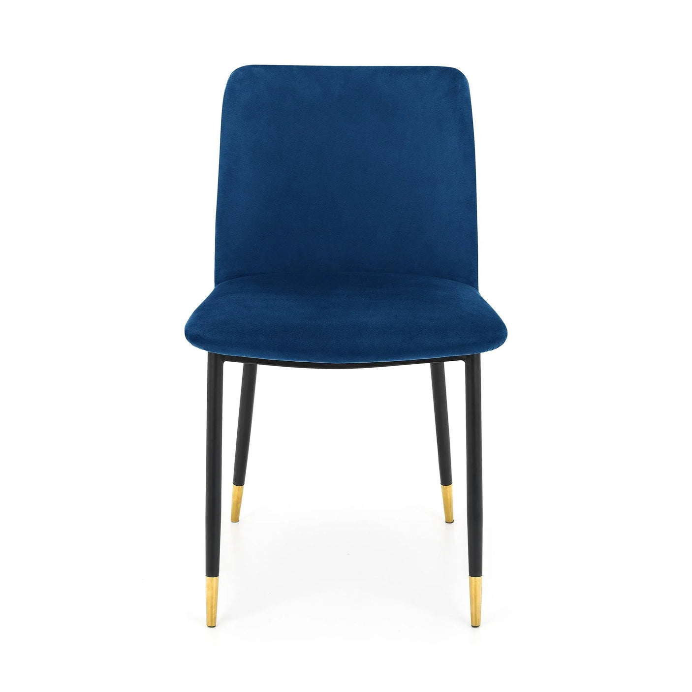 Blue velvet dining chair with black legs and gold tips, front view on white background
