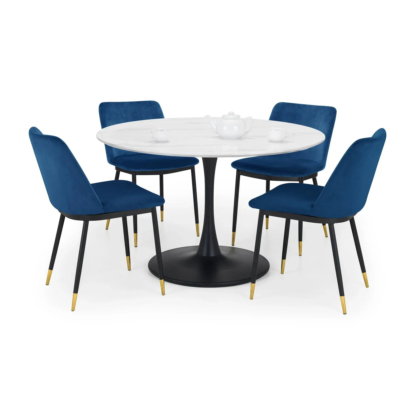 Blue velvet dining chairs with black and gold legs around round white dining table