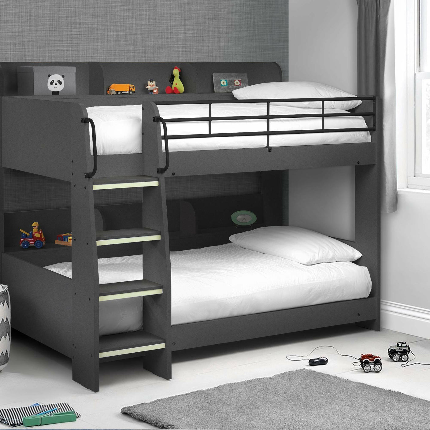 Anthracite bunk bed with shelves, toys, and ladder in a modern children's bedroom