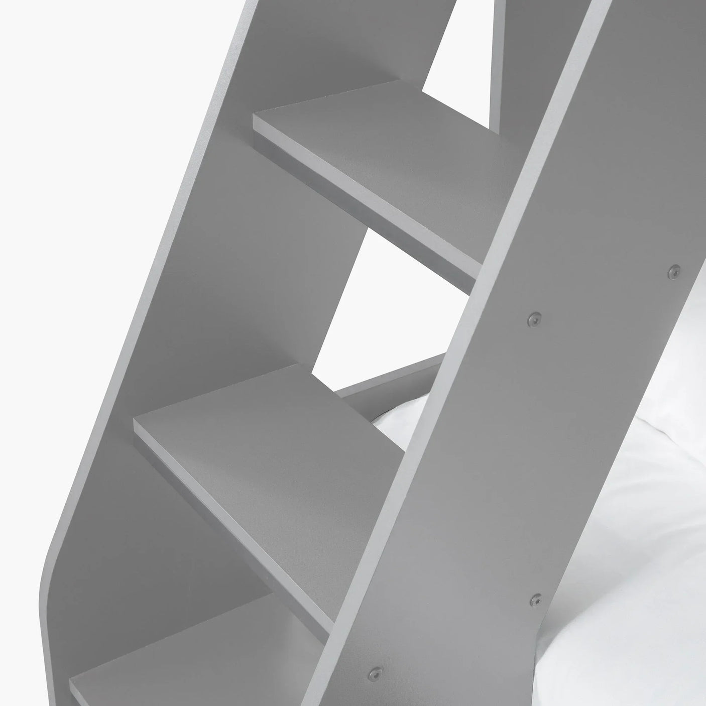 Detail view of light grey triple sleeper bunk bed ladder steps