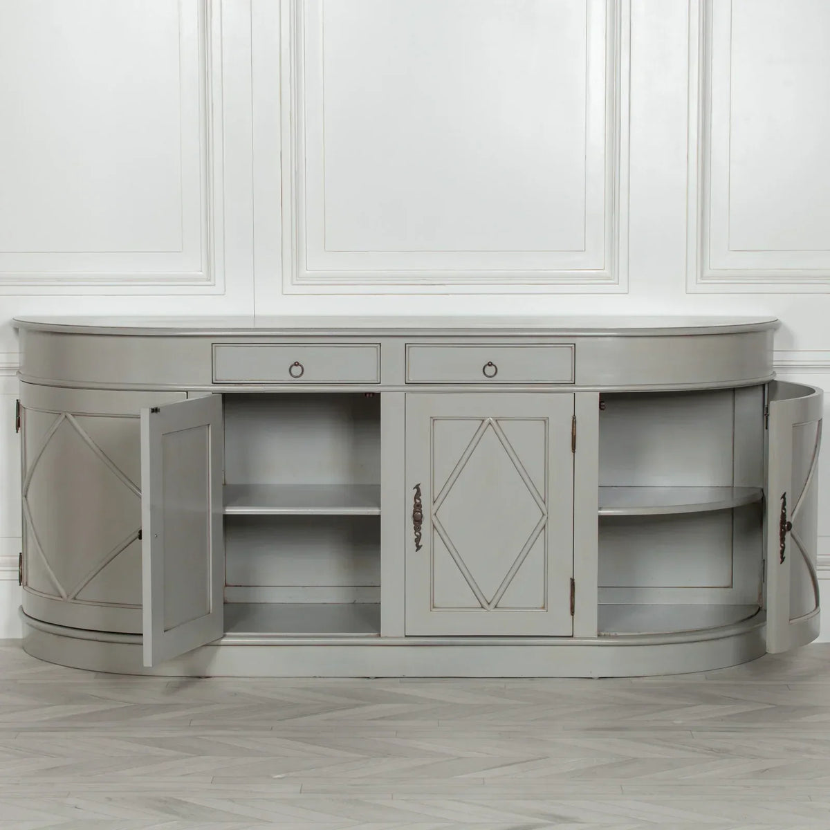 Grey sideboard cabinet with diamond panel doors open, shelves and two top drawers visible