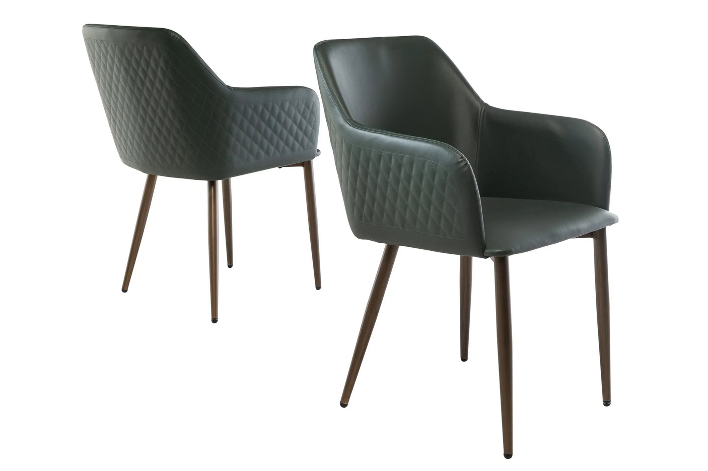 Green faux leather dining chairs with quilted backrest and brown metal legs, front and rear view