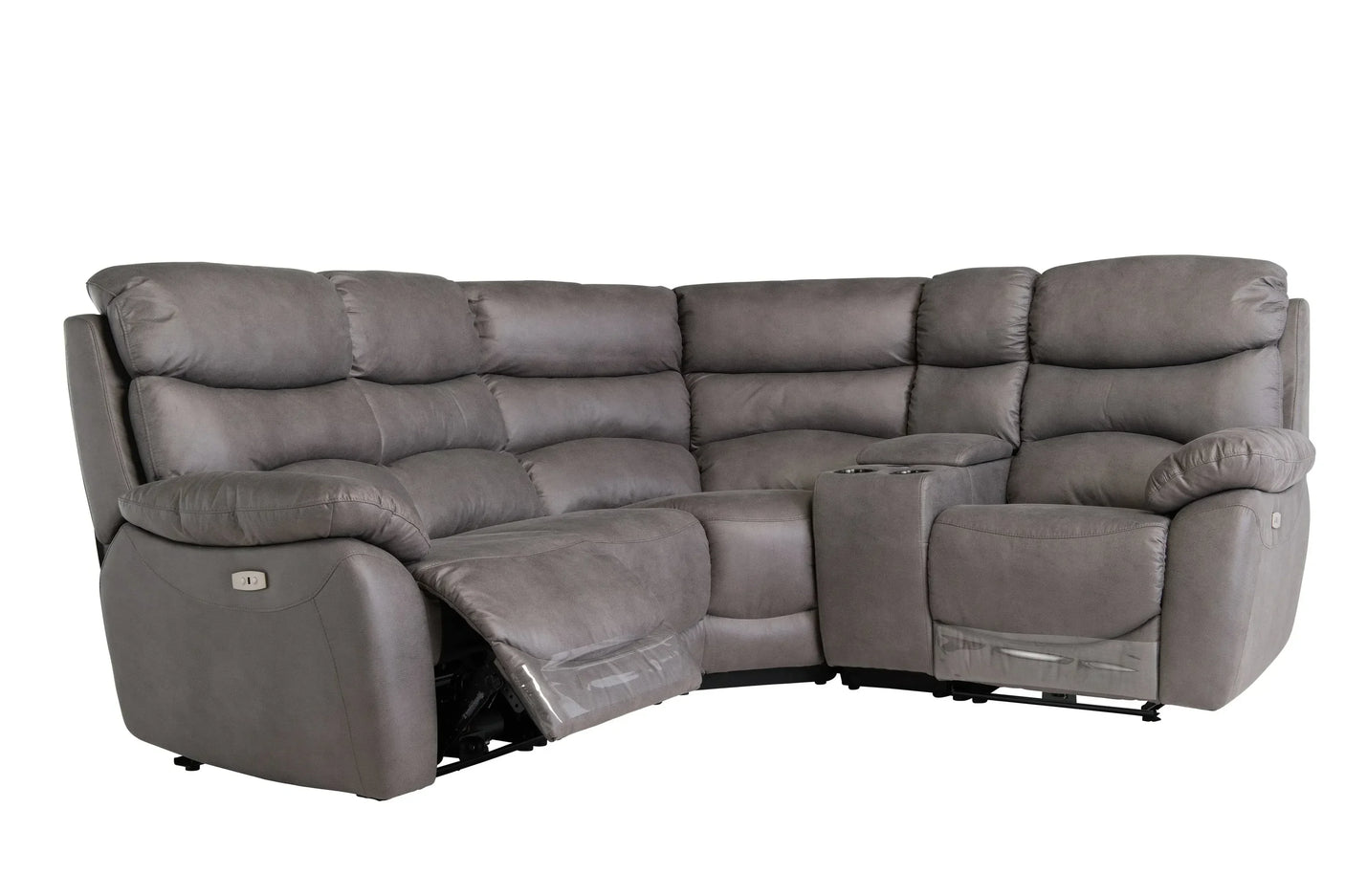 Grey corner reclining sofa with cup holders and plush cushions