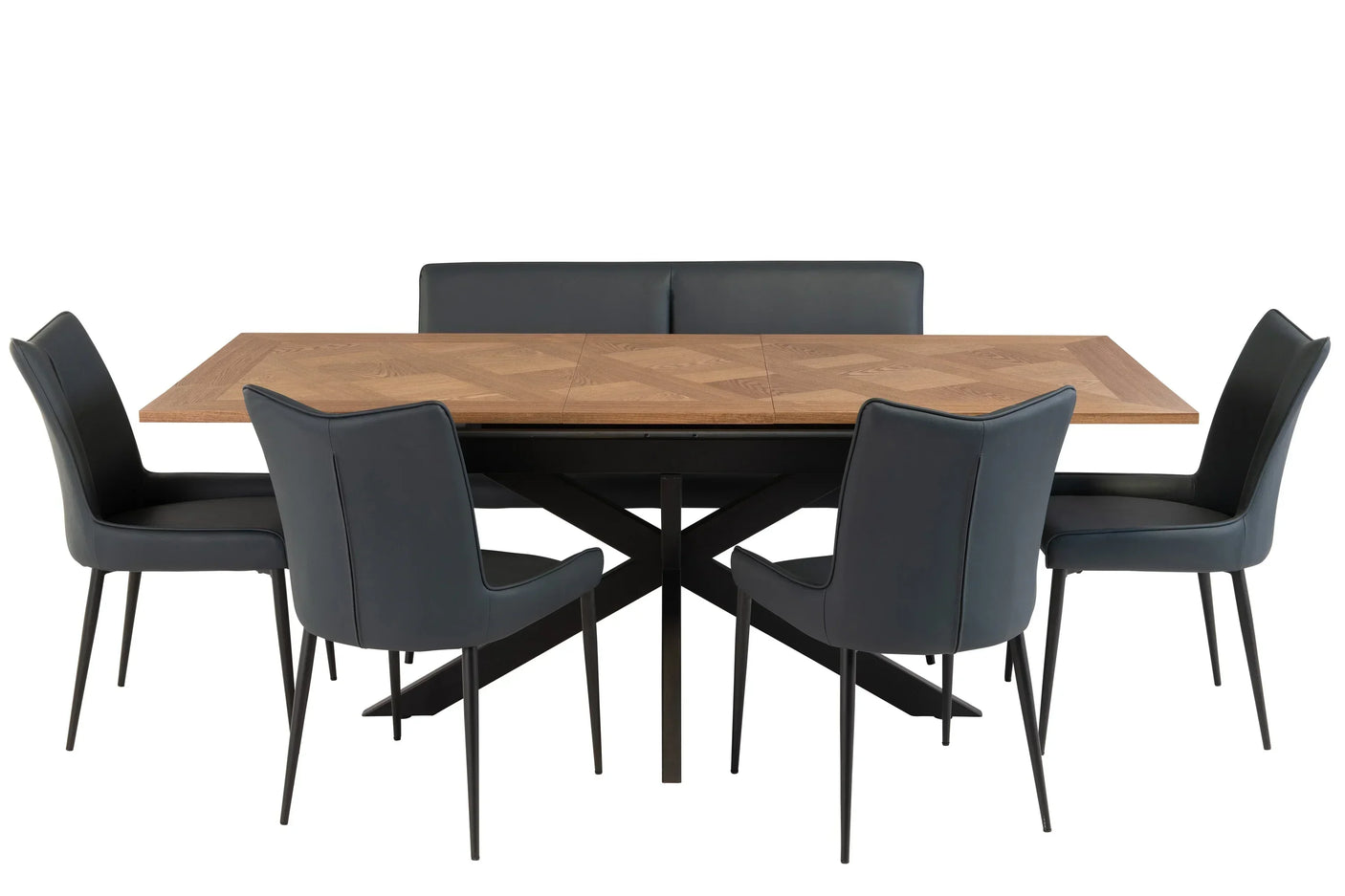 Wood dining table with black metal legs and six black upholstered dining chairs