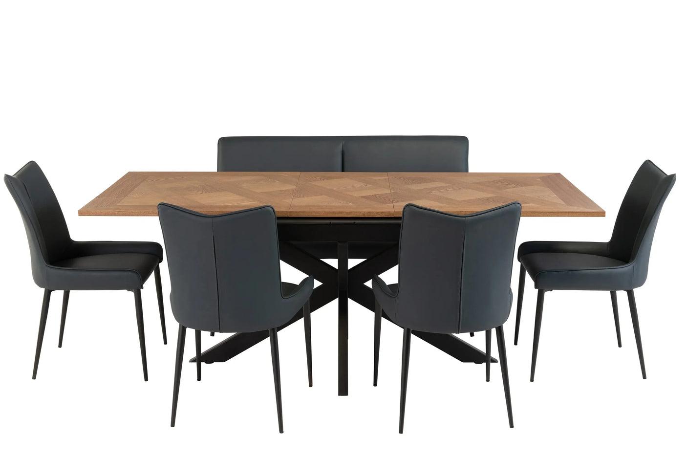 Rectangular wood dining table with six black upholstered chairs, front view