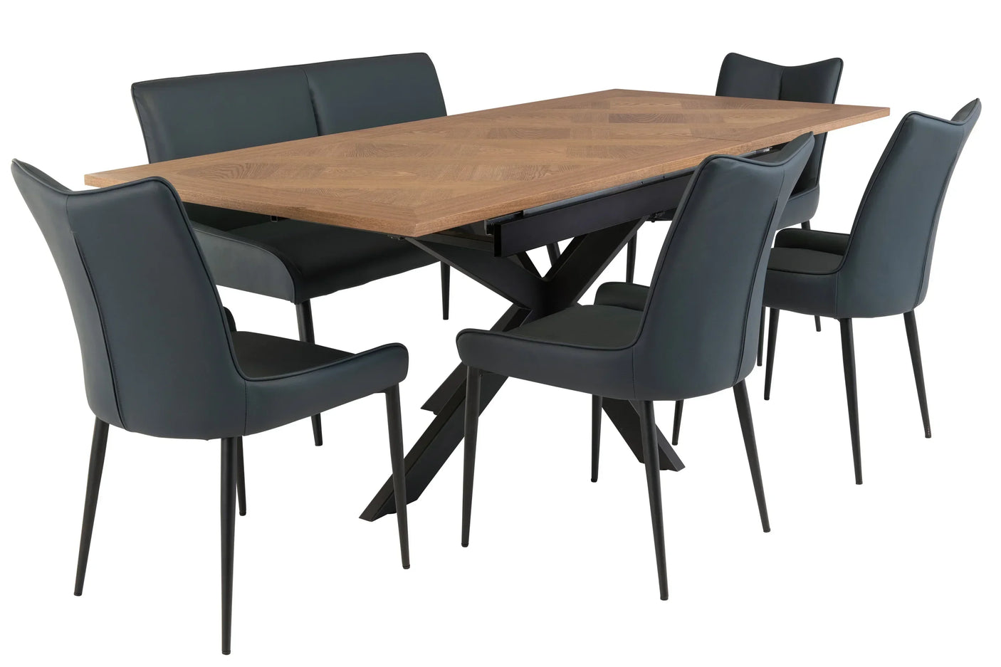 Modern dining table with oak top, black metal legs, four dining chairs and dining bench