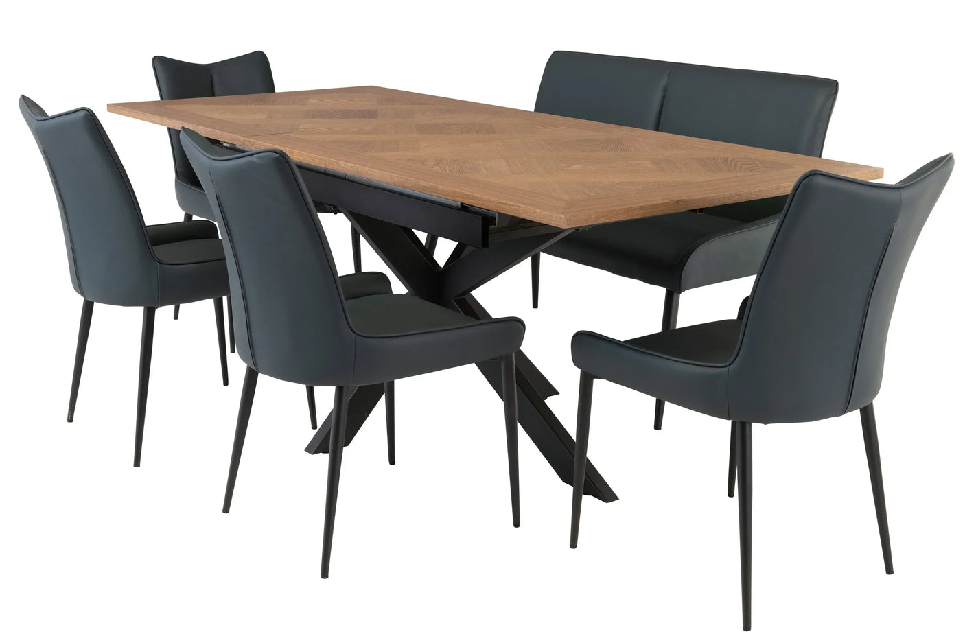 Modern dining table with wood top, black metal legs, four chairs and matching bench seating