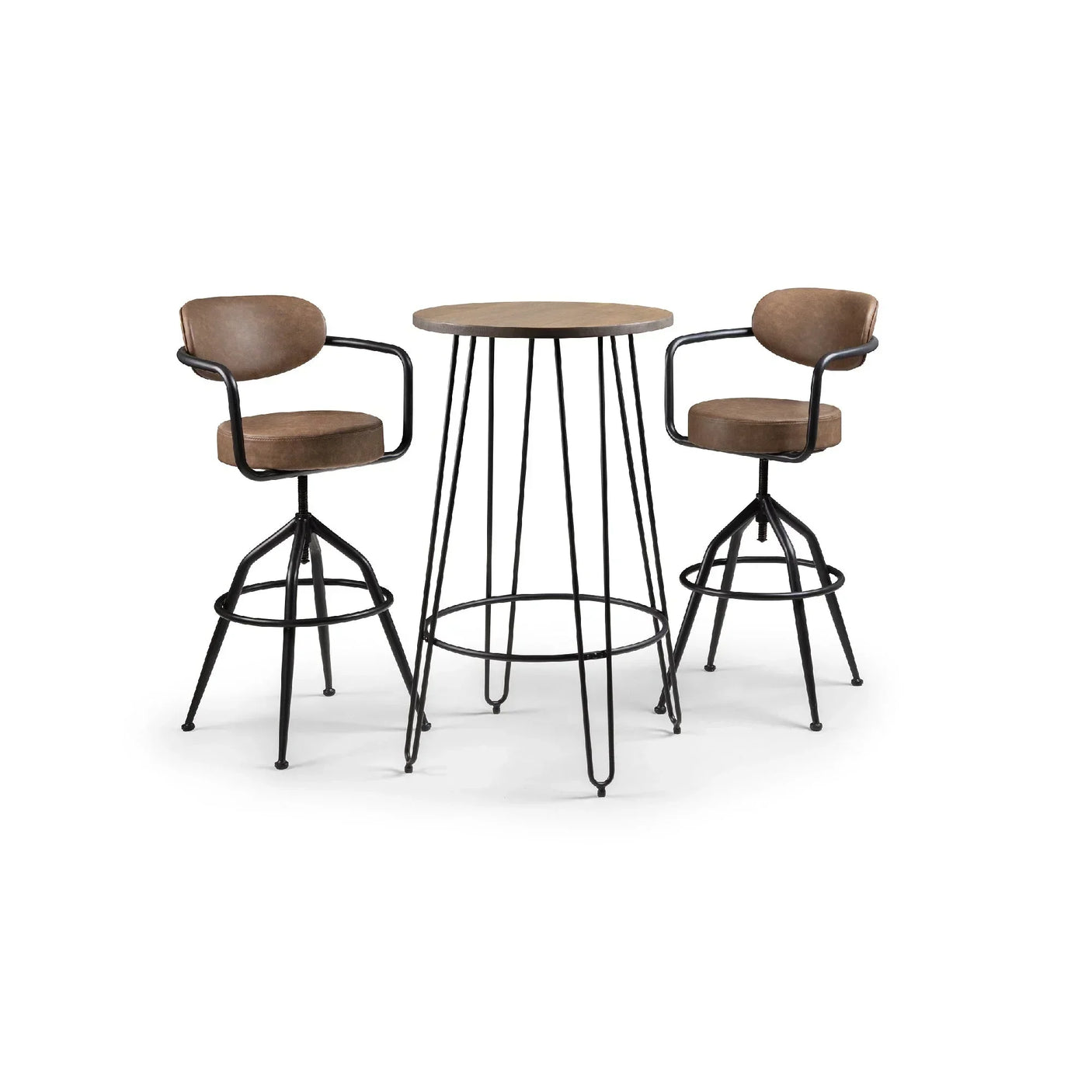 Round wood bar table with black metal legs and two brown bar stools with armrests