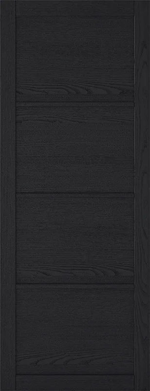 Dark charcoal interior door with four horizontal panels and wood grain texture