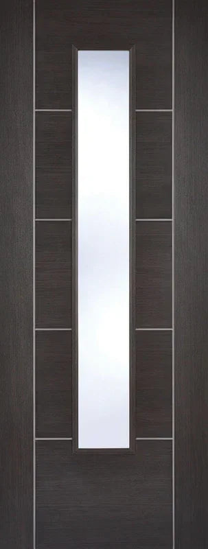 Dark grey laminate interior door with central vertical glazed panel
