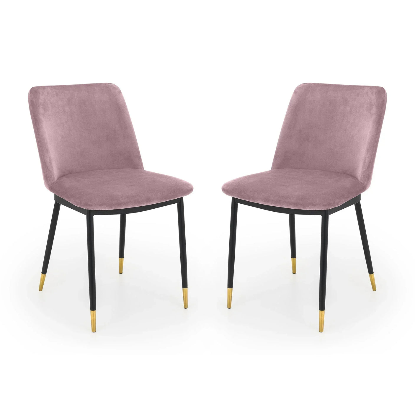 Dusky pink velvet dining chairs set of 2 with black metal legs and gold tips