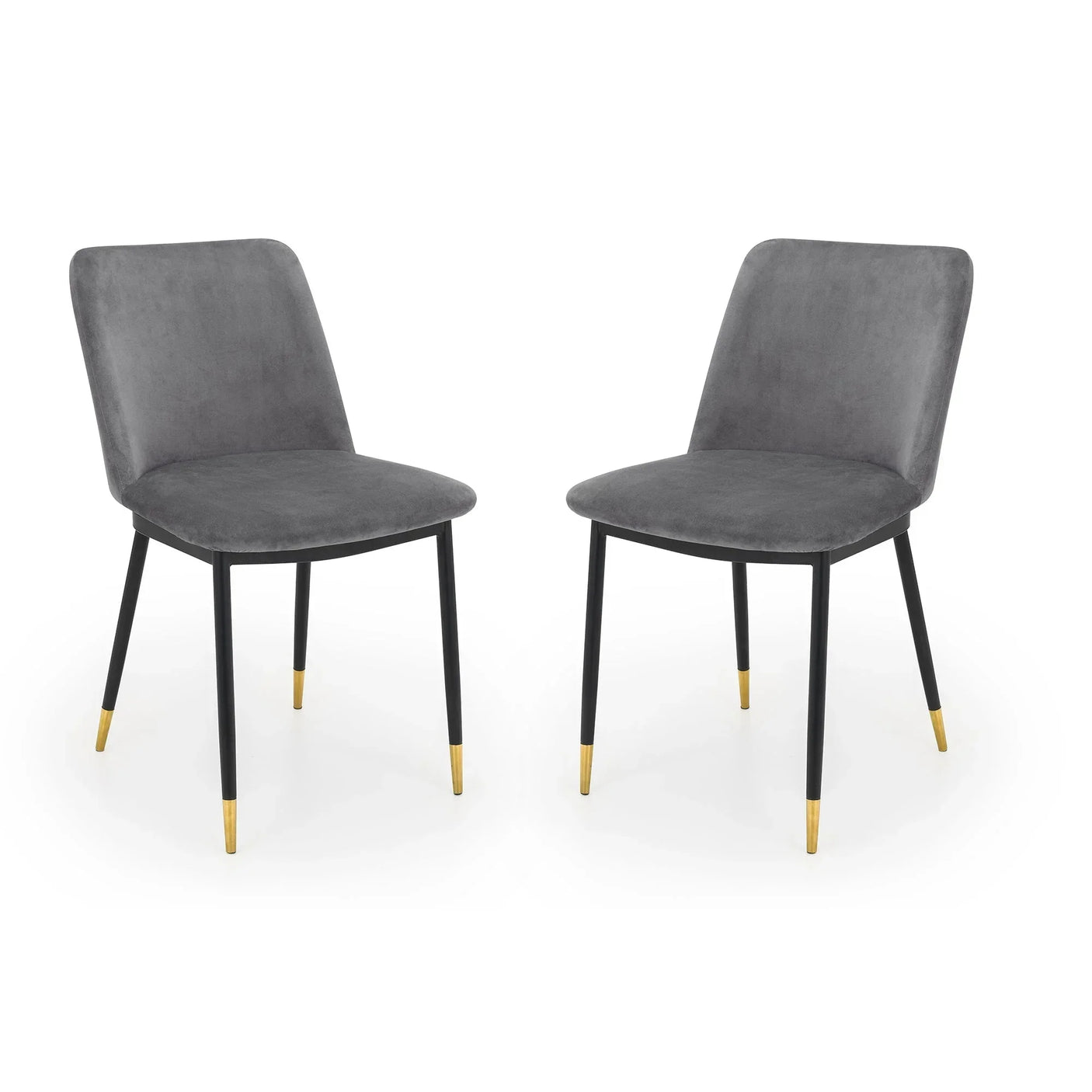 Set of two grey dining chairs with gold metal leg tips on white background