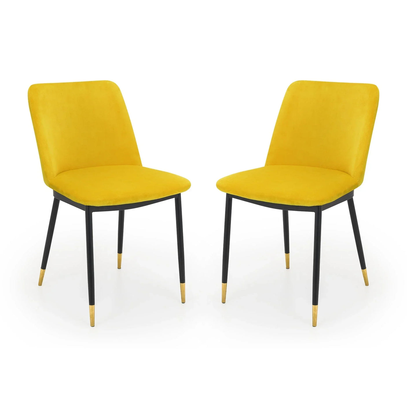 Set of 2 mustard dining chairs with black legs and gold tips on white background