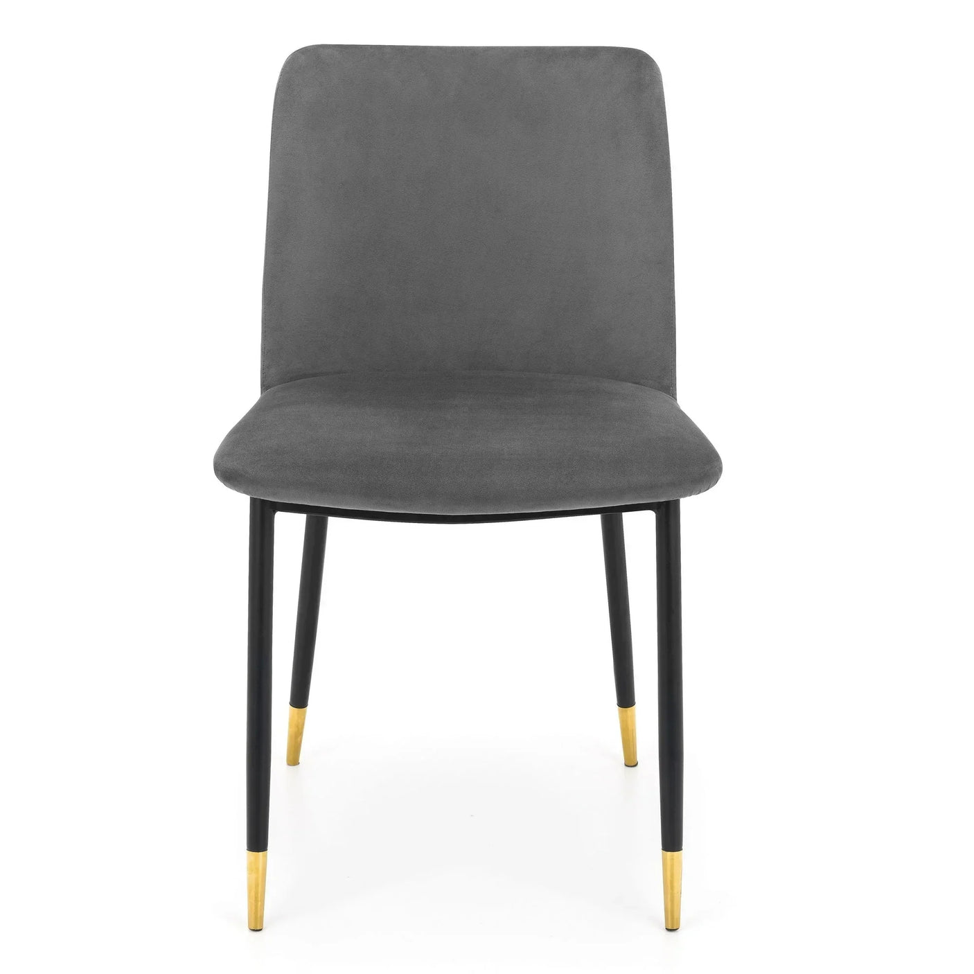 Grey dining chair with soft seat, black metal legs and gold tips, front view