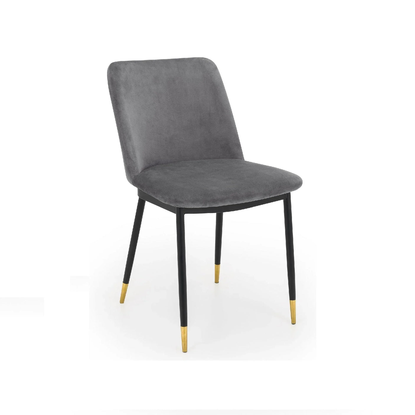 Grey dining chair with upholstered seat, black legs, and gold metal tips on white background